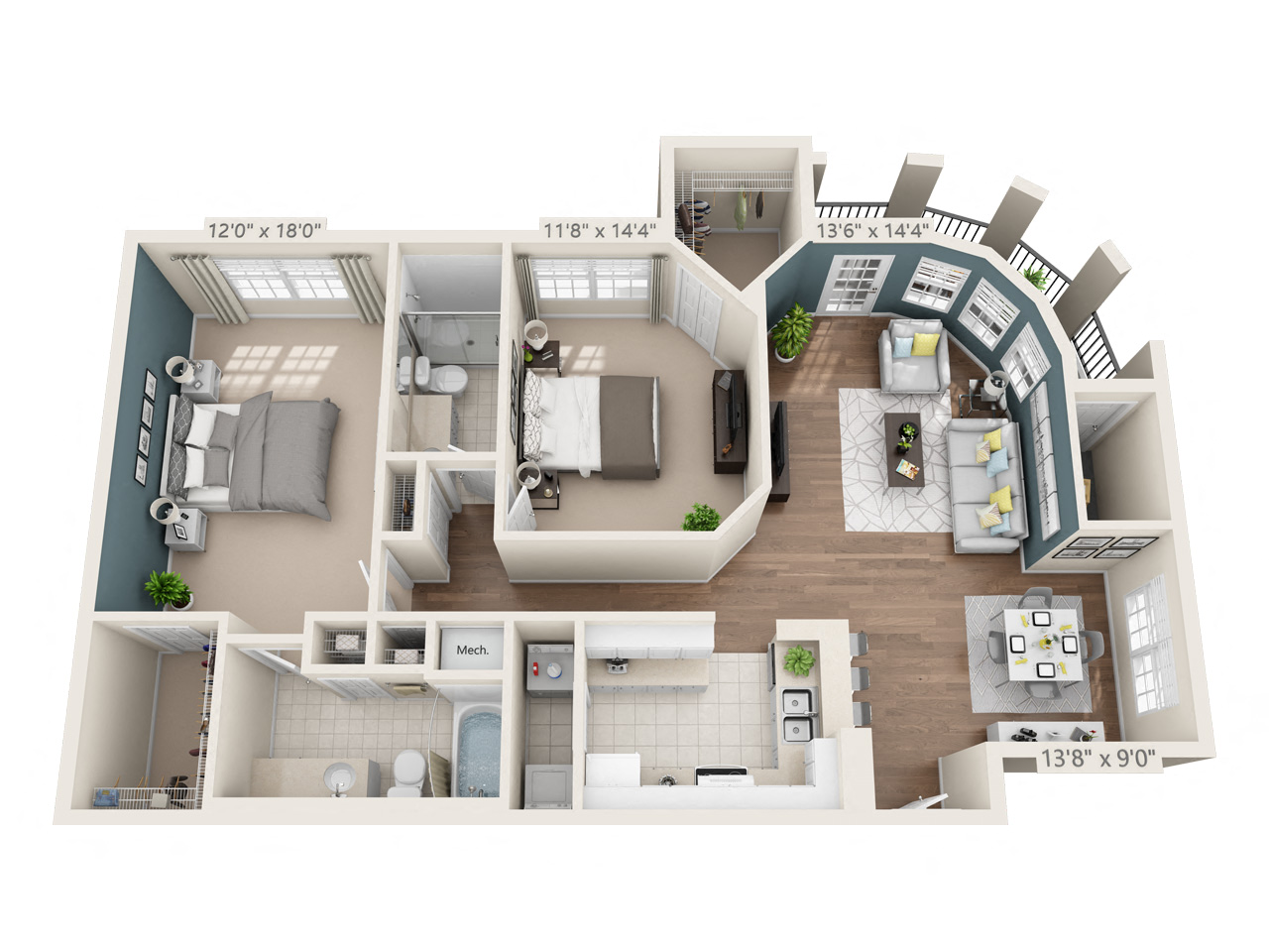 Floor plan for 2 beds, 2 baths, 1288 sqft